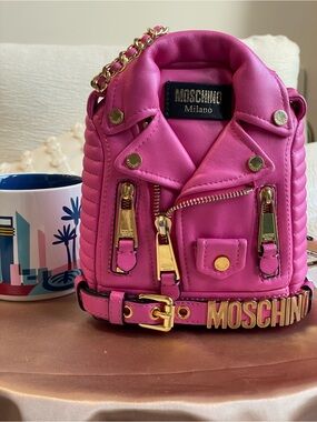 Moschino Barbie Pink Small Biker Bag Backpack with Gold Chain Handle
